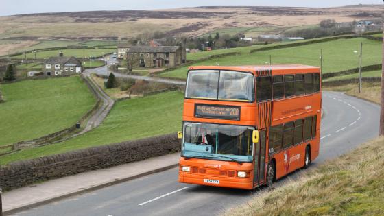 A Yorkshire Tiger DAF DB250 Optare Spectra 717 double-decker is seen approaching Mount Tabor en route from Wainstalls to Halifax